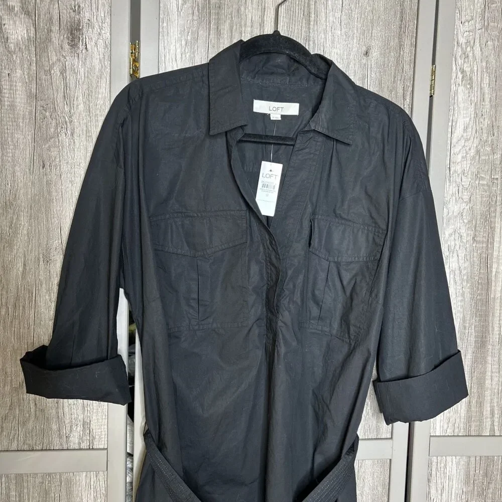 LOFT Maxi Dress Women Size 12 Cotton Roll Up Sleeve Side Slits Black Color NWT